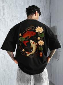 Fractyr 男士夏季时尚简约街头鲤鱼元素印花圆领短袖T恤 | 百搭街头休闲T恤，男友/老公礼物 - 黑色 - 查看 1