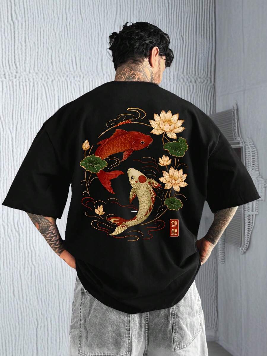 Fractyr 男士夏季时尚简约街头鲤鱼元素印花圆领短袖T恤 | 百搭街头休闲T恤，男友/老公礼物 - 黑色 - 查看 1