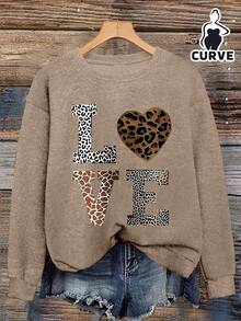 Leopard Muster LOVE Buchstaben Oversized Lässiges und modisches T-Shirt, bequem und warm für Herbst/Winter, Schul-Ideen, Schul-Grundausstattung, erster Schultag, 2026 - Kamelfarben - Übersicht 2