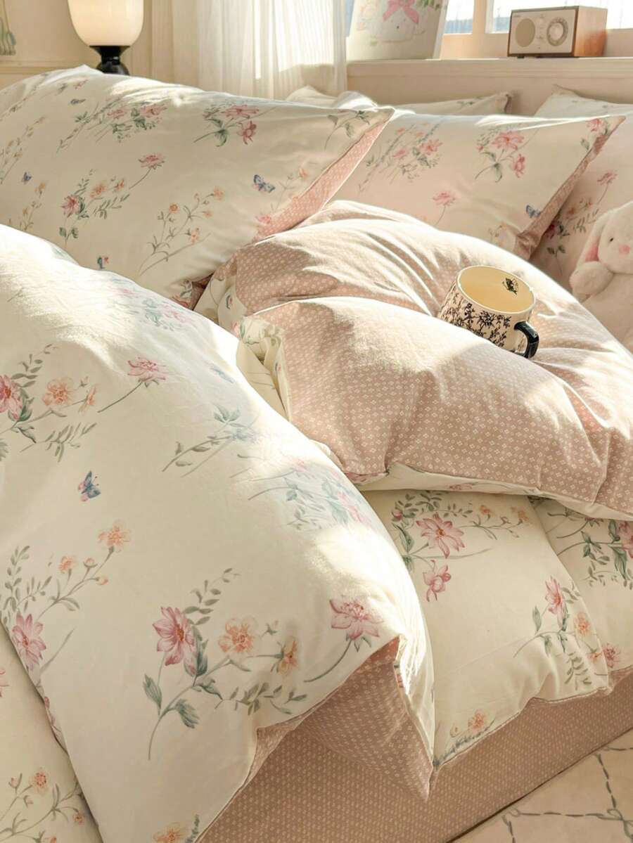 2026新款春季花卉图案优雅舒适卧室床上用品三件套，100%纯棉，含2个枕套和1个被套