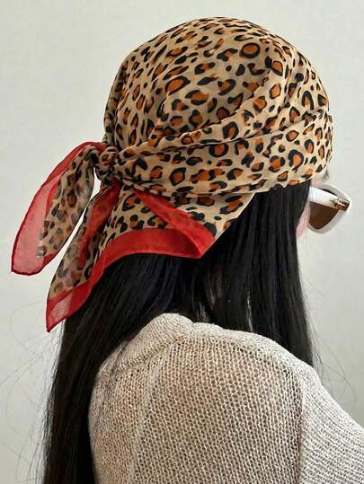 1pc Women's 2026 Spring Fashion 65*65 Chiffon Leopard Print Bandana Scarf, Suitable For Daily Wear, Multifunctional Headscarf, Preferred For Styling