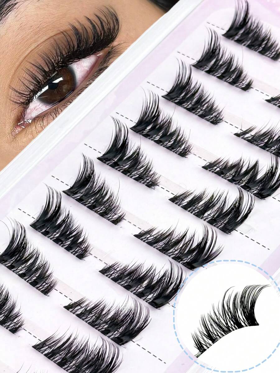 10对半截假睫毛，无需胶水，打造猫眼妆效，自然逼真，透明带设计，轻盈柔软，可重复使用，适合新手、旅行佩戴、新娘妆等场合。 - 黑色 - 查看 1