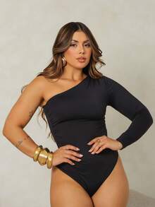 Priscila Asymmetrical Long Sleeve Swimsuit - Black - View 5