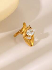 1pc Fashionable Stainless Steel Ring, Geometric Pattern Series 18K Gold Plated Design Inlaid With Cubic Zirconia, Casual Elegant Versatile High-End, Ideal Gift For Friends, Suitable For Women's Daily Wear, Also Suitable For Parties, Banquets, Weddings And Other Occasions - Gold - View 10