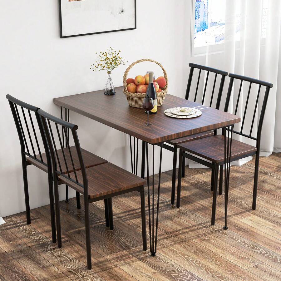 COSTWAY 5-Piece Dining Table Set For Small Space, Kitchen Table Set For 4, Dining Room Table & 4 Chairs With Metal Frame, Rustic Dining Set For Home Restaurant, Walnut - بني - مشاهدة 1