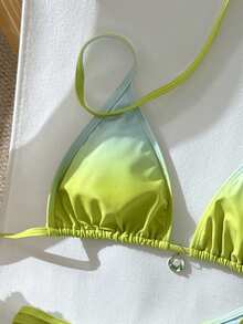 Women's New Fashionable Sexy Ombre Drawstring Halter Tie-Up Two Pieces Bikini Set, Summer - Multicolor - View 4