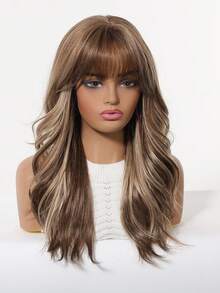 20 Inch Loose Wave Wig With Bangs, Ash Brown Blonde Highlight Synthetic Wig With Adjustable Strap Perfect Women Daily Party Use - Brown - View 2
