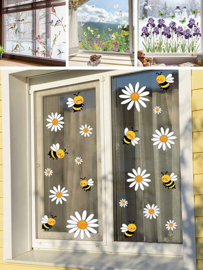 BRUP 1/2 Sheets Cute Bees And Daisies Window Stickers For Nursery Kids Room Home Decor Removable DIY Decals