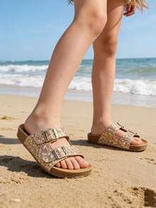 1 Đôi dép đế dày chống trượt bằng bần cho bé gái, mềm mại và thoải mái, thiết kế pha lê đính sequin thời trang, dành cho bé gái từ 3-15 tuổi, thích hợp cho hoạt động ngoài trời, bãi biển, bờ biển - Vàng - Xem 11