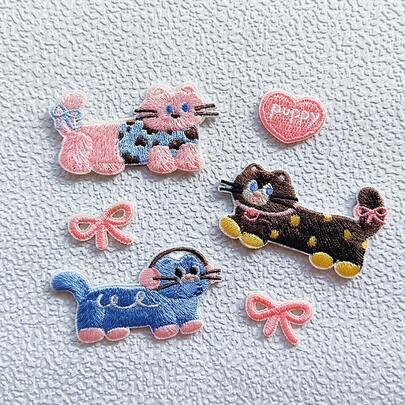 6pcs 3D Graphic Embroidered Patch Badges, Heat-Seal Design Patches For Clothing, Hats, Jackets, DIY Cartoon Cat Embroidered Patch Set For Phone Cases, Bags, Apparel Decoration