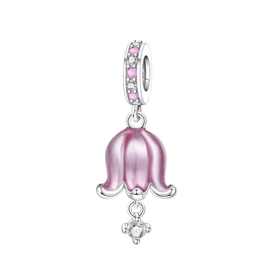 CYMYSS 1件女士粉色百合花吊坠，925镀银镶嵌立方氧化锆，欧美风格，节日礼物/日常佩戴时尚项链饰品 - 彩色 - 查看 1