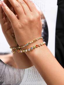 Mazuer 1pc Vintage French Elegant Stainless Steel 18K Gold Plated Colorful Zirconia Stone Women's Bracelet, Suitable For Dates, Holidays, Halloween Parties, Gatherings, And Daily Commute - Multicolor - View 9