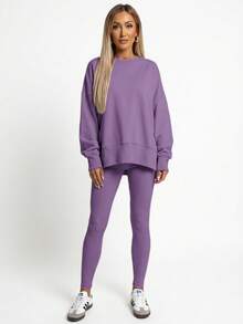Women's 2 Piece Loungewear Set - Soft Ribbed Oversized Sweatshirt & High Waist Leggings-Ultra Soft Pajama Set For Women  - Casual Tracksuit For Airport Outfit & Lounging-Cozy Matching Outfit For Travel Yoga Home - 紫色 - 查看 1