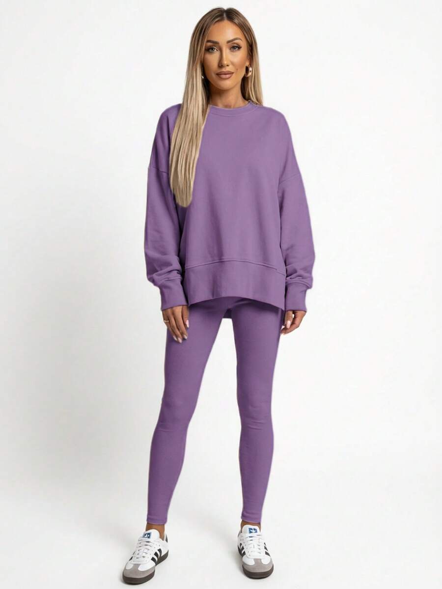 Women's 2 Piece Loungewear Set - Soft Ribbed Oversized Sweatshirt & High Waist Leggings-Ultra Soft Pajama Set For Women  - Casual Tracksuit For Airport Outfit & Lounging-Cozy Matching Outfit For Travel Yoga Home - 紫色 - 查看 1