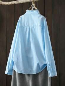 女士休闲纯色拼接立领衬衫 春季 - 藍色 - 查看 2