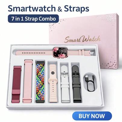 Hwagol 1.85英寸智能手表礼盒套装，男女通用智能手表，支持蓝牙通话，100多种运动模式，睡眠计步器，男士智能手表具备户外步行/天气预报/查找手表手机功能，男女通用智能手表，兼容和安卓系统，包含7条可替换表带，是运动和送礼的理想之选。