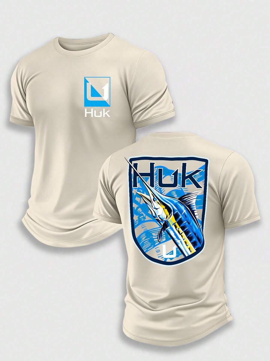 (220 Pieces Of Pure Cotton T-Shirts)HUK NEON SWORD Performance Fishing T-Shirt, Moisture Wicking Quick Dry Tee, High-Quality Graphic Printed Outdoor Sportswear, Men's Short Sleeve Shirt, Blue Marlin Shield Art, Neon Fishing Graphic, Holiday Gift, Performance Gear, Lightweight Breathable, Camisetas Para Hombre, Men Vacation Outfits, Urban Outdoor Style - Apricot - View 1