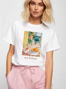 Camiseta con Estampado Matissse para Hombre y Mujer - Cuello Redondo Casual, Manga Corta con Diseño Costero Vibrante, Poliéster Ligero para Primavera/Verano, Camiseta de Moda de Primavera |     Camiseta de Corte Holgado |     Pijama Elegante - Blanco - Ver 1