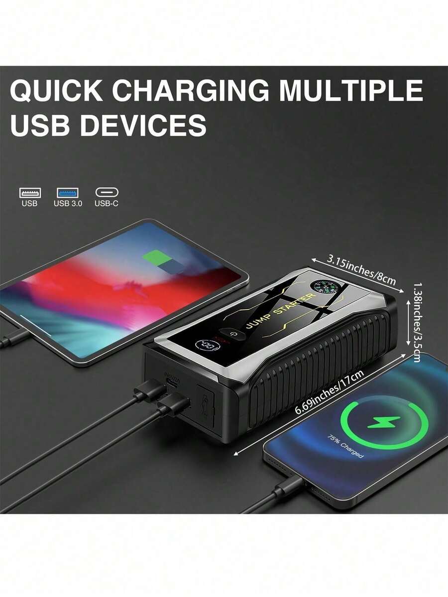 汽车应急启动器、Peak汽车电池充电器、带便携式充电器的应急启动电池组、应急LED灯、逃生安全锤、指南针 - 彩色 - 查看 1