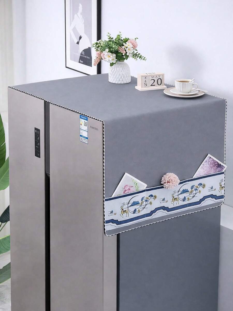 [Fashion Refrigerator Dust Cover] High-Quality Waterproof, Dustproof, UV-Resistant - Houndstooth Design With Side Storage Pocket For Convenient Organization - Fits Most Standard Single/Double Door American-Style Refrigerator Tops - Grey - View 1
