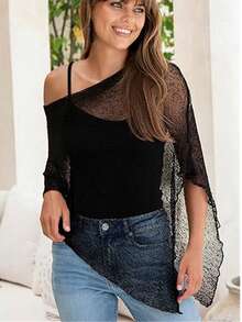 Women Sheer Mesh Poncho Top Crochet Knit Lightweight See Through Shawl Wrap Summer Oversized Loose Shrug Beachwear Swimsuit Bikini Cover Ups - 深灰色 - 查看 9