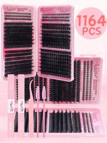 1164pcs/582pcs DD-Curl Eyelash Cluster, 80D+100D+120D+150D High Capacity DIY Eyelash Extension Kit With Lower Lashes, Suitable For Beginners, Russian Volume Lashese, Mixed Single Lash Styles, DIY Lash Clusters, Create Charming Eyes Easily At Home, Lash Glue, Tweezers & Brush Included, Essential Makeup, Large Capacity Eyelash Set, Perfect For Cosplay, Wedding, Gala, Stage Makeup, And Special Occasions,  Lash Clusters Kit, Lashes, Eyelashes, Fake Lashes - 粉色 - 查看 13