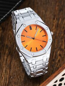 高品质男士腕表，不锈钢表带，橙色表盘，防水商务休闲石英表 - 均碼 - 查看 3