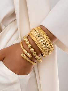 3pcs/Set Fashion Minimalist Gold-Tone Asymmetrical Water Drop Thick Textured Bangle Bracelet Set, Suitable For Women, Chunky Smooth Matte Heavy Metal & Zinc Alloy Material Bracelet Set, Valentine's Day Gift - Yellow Gold - View 1