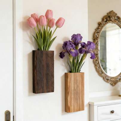 1pc Wooden Wall Hanging Flower Pot, Burnt Wood Color Farmhouse Style Vase For Dried Flowers, Artificial Plants, Living Room, Office, Bar, Restaurant Decor