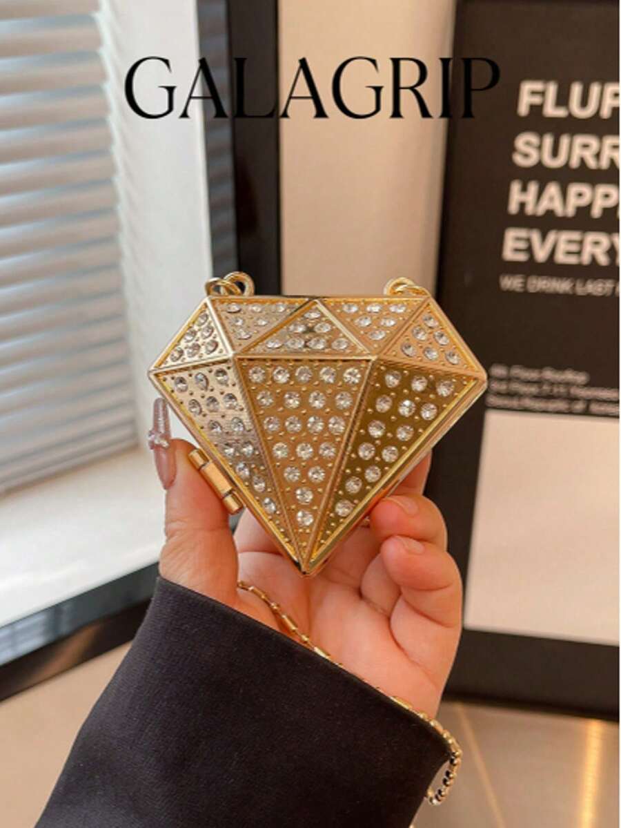 New Diamond-Shaped Box Clutch Bag, Fashion Evening Bag With Chain Strap, Shoulder Bag Gift For Date Night - Gold - View 1