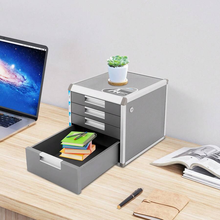 Schubladenorganizer, 4-stufiger Schreibtisch-Schubladenorganizer mit Schloss, Aluminiumlegierung und MDF-Ablagebox - A - Übersicht 1