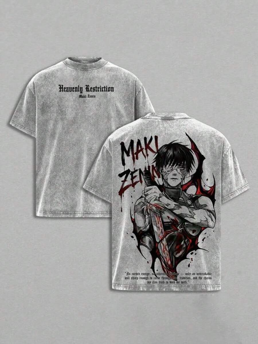 Hot-Selling Maki Zenin JJK T-Shirt - Vintage Washed Oversized Anime Tee, Dark Aesthetic Maki Manga Graphic Shirt, Heavy Cotton Unisex Street Wear JJK Merch, Outfit Anime Gift. The Fabric Is Comfortable, Making It The Best Gift For Friends And Fans. SH0003 - 灰色 - 查看 1