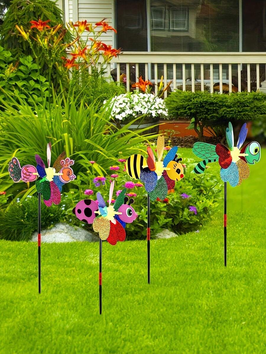 Set de 4 piezas - Molinillo de viento de plástico con diseños de dibujos animados 3D con lentejuelas coloridas de insecto, abeja y libélula, repelente de plagas reflectante, ahuyenta pájaros, decoración para jardín y patio exterior