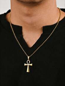 1件男士金色不锈钢安卡项链，埃及生命符号吊坠，适合宗教场合和个性佩戴 - 吊墜 - 查看 2