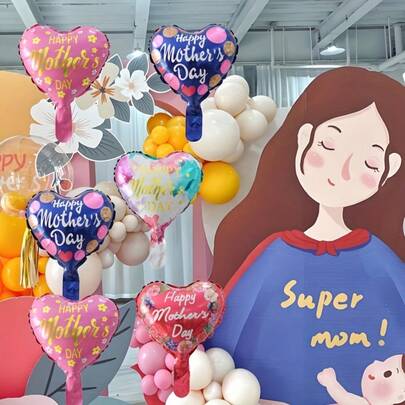 10个10英寸心形气球（母亲节快乐），适用于母亲节、婚礼、订婚、生日、心形派对装饰及其他庆祝活动气球布置。颜色和图案随机；薄膜材质。派对装饰，母亲节装饰。无需用电。（本产品发货时未充气。）