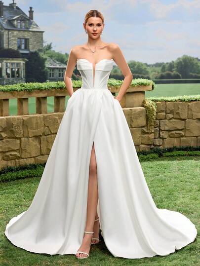 Satin Strapless Long Train Wedding Dress, Suitable For Church Ceremony, Birthday Party, Wedding And Other Occasions
