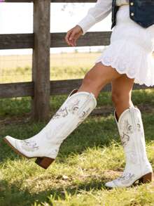 Cowboy Boots For Women - Knee High Western Cowgirl Boots, Sparkly Rhinestone Retro Country Boots With Classic Embroidered, Pointed Toe Chunky Heel Pull On Zipper Fashion Vintage Tall Boots Outdoors Boots - 白色 - 查看 4