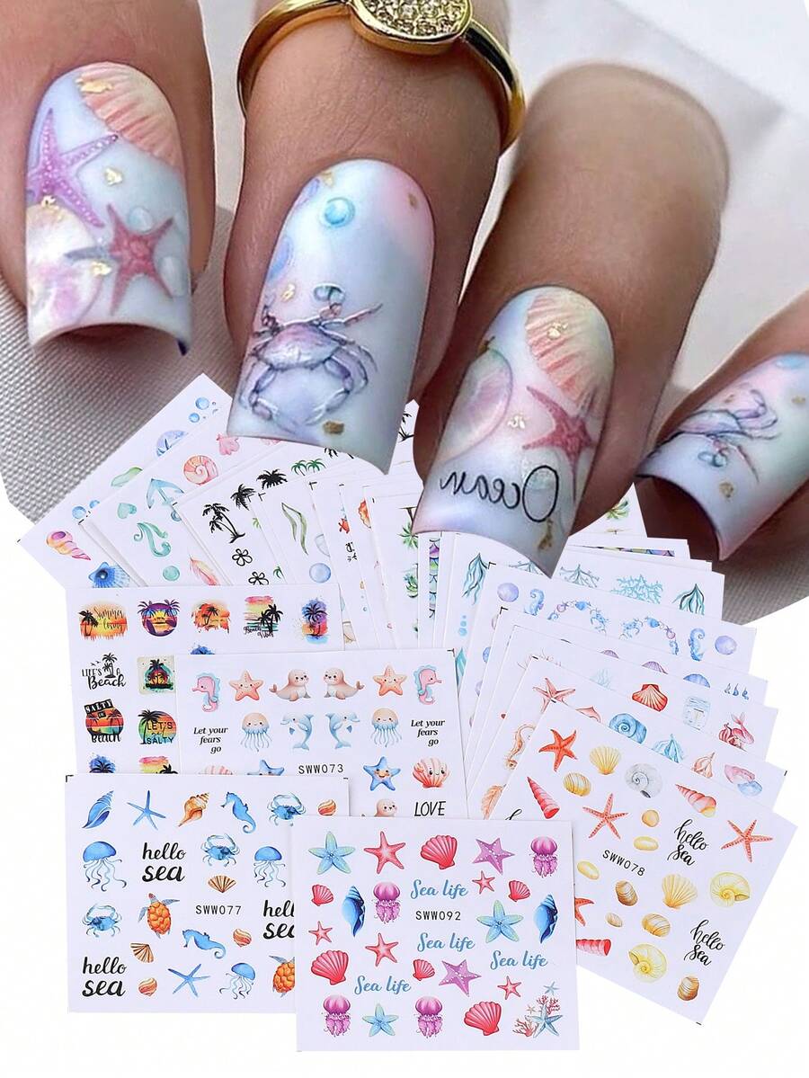 24片夏季海洋风美甲贴纸水转印美甲贴花，贝壳、海龟、海星、海马、鱼图案水贴纸美甲装饰DIY海滩度假美甲用品 - 彩色 - 查看 1
