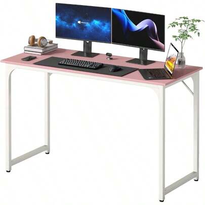 47 Inch Pink Computer Desk With Metal Frame Adjustable Feet Best Sturdy Water-Resistant Scratchproof Writing Table For Home Office And Study