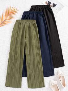 3pcs/Set Girls' Casual Solid Color Pants With Bow Decor Elastic Waistband, Suitable For Spring & Autumn - Army Green - View 2