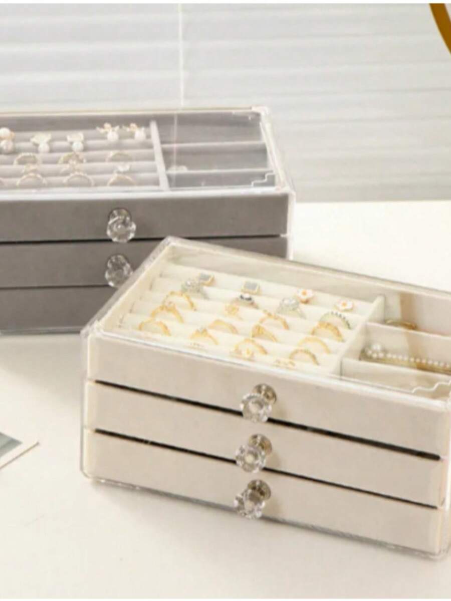 Velvet Jewelry Box With Acrylic, 3 Layers, Drawers, Dividers, Three-Tier Jewelry Box - Beige/Gray - View 1