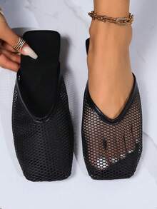 Fashionable Hollow Breathable Mesh Women's Flat Sandals, Square Toe Slip-On Backless Summer Slippers - Black - View 2