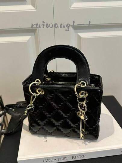 Nuevo bolso de mano para mujer de primavera/verano, color toffee, bolso de mano mini con patrón de rombos de moda retro, forma cuadrada, cierre con cremallera, correa de hombro larga ajustable, capacidad pequeña y ligero bolso cruzado