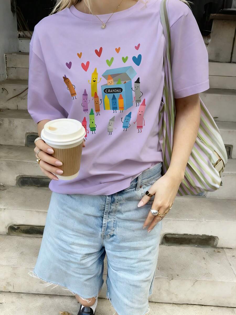 女士夏季圆领短袖T恤，蜡笔印花，休闲日常穿着