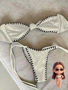 Women's Vintage Ruffle Bandeau Tie-Up 2 Pieces Bikini - Elegant Beige Beach Swimsuit, Radiating Vacation Vibe - Beige - View 7