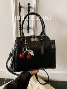 Vintage Minimalist Zipper Decor Commuter Handbag With Pendant - Black - View 3