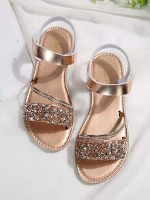 Women's Spring/Summer New European & American Middle East Fashion Casual Rhinestone Sequin Round Toe Open Toe Slip-On Beach Sandals Flat Slippers - Champagne - View 7
