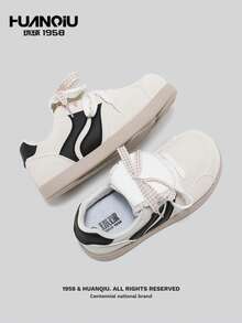 HUANQIU Giày thể thao nữ đế mỏng, mũi tròn, phối ren trắng, kiểu dáng ballet, thích hợp cho mùa xuân. - Đen và trắng - Xem 3