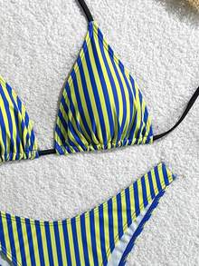 2026 New Retro European And American Style Yellow And Blue Striped Halter Bikini Set - Multicolor - View 3