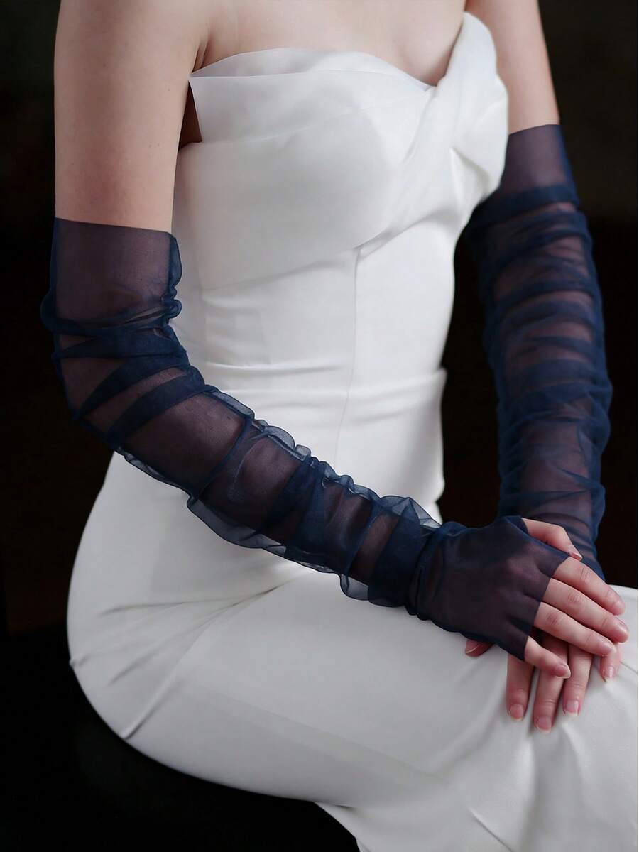 1 Pair Navy Blue Long Bride Arm Sleeves, Wedding Party Formal Dress Accessory - Navy Blue - View 1